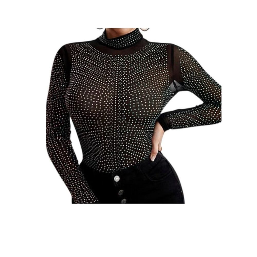 new Neva small Toxic Sparkle crystal rhinestone mock neck bodysuit TLS2 3470